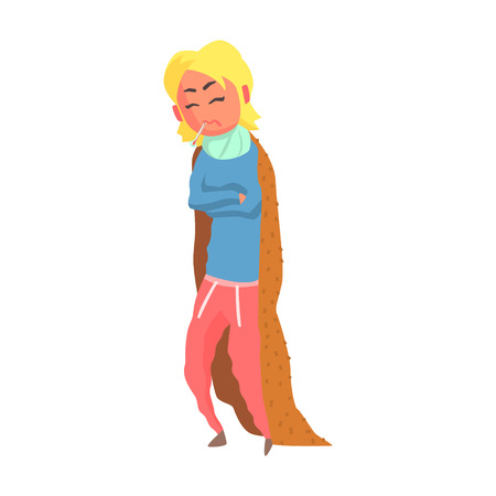 Girl With High Fever, Adult Person Feeling Unwell, Sick, Suffering From Illnessのイラスト素材