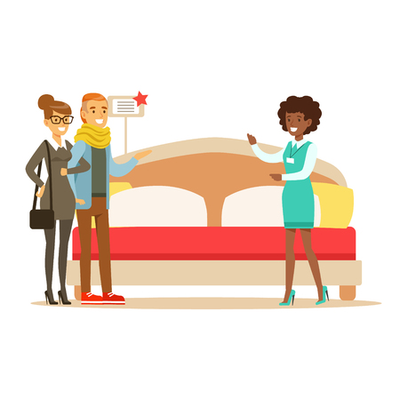 Store Seller Demonstrating King Size Bed To Couple, Smiling Shopper In Furniture Shop Shopping For House Decor Elementsのイラスト素材