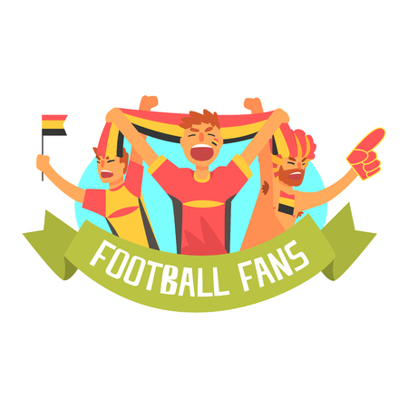 Cheering Happy Supporting Crowd Of National German Football Spots Team Fans And Devotees With Banners And Attributes. Sportive Support Team With Flags Screaming And Smiling On A Stadium Vector Illustration.のイラスト素材