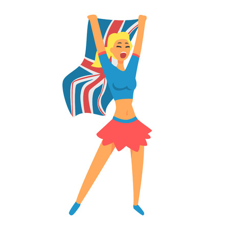 Cheering Happy Supporter Of British National Football Spots Team, Fan And Devotee With Attributes. Sportive Support Team Member With Flag Screaming And Smiling On A Stadium Vector Illustration.のイラスト素材