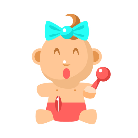 Small Happy Baby Girl Sitting With Toy Shaker In Red Nappy Vector Simple Illustrations With Cute Infant. Part Of Infancy Series Of Isolated Flat Icons With Smiling Kids And Their Activities.のイラスト素材