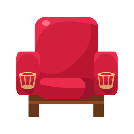 Red Armchair With Cup Holders, Cinema And Movie Theatre Related Object Cartoon Colorful Vector Illustration. Isolated Object Cinematography Entertainment Attribute In Bright Color.のイラスト素材