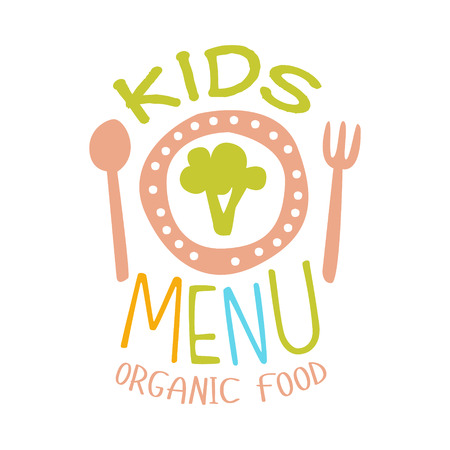 Organic Food For Kids, Cafe Special Menu For Children Colorful Promo Sign Template With Textのイラスト素材