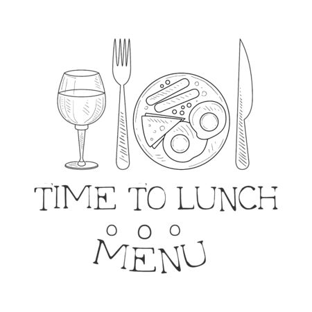 Cafe Lunch Menu Promo Sign In Sketch Style With English Breakfast And Wine Glass, Design Label Black And White Templateのイラスト素材