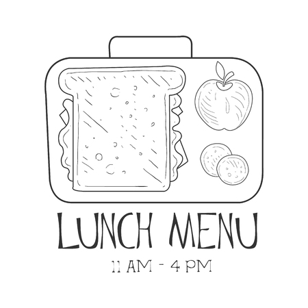 School Lunchbox Cafe Lunch Menu Promo Sign In Sketch Style, Design Label Black And White Templateのイラスト素材