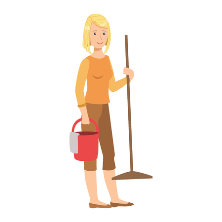 Woman With Bucket And A Mop, Cartoon Adult Characters Cleaning And Tiding Upのイラスト素材