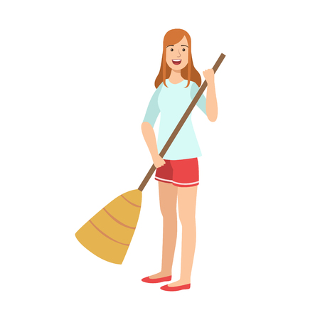 Woman Sweeping The Floor With Broom, Cartoon Adult Characters Cleaning And Tiding Upのイラスト素材