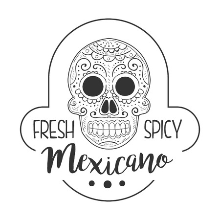 Restaurant Fresh And Spicy Mexican Food Menu Promo Sign In Sketch Style With Scull , Design Label Black And White Templateのイラスト素材