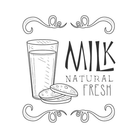 Natural Fresh Milk Product Promo Sign In Sketch Style With Bottle And Cookies.のイラスト素材