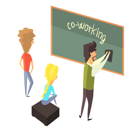 Three Person With Blackboard, Young People Coworking In Informal Atmosphere Sharing Ideas And Experiencesのイラスト素材