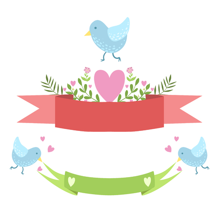 Birds, Ribbons And Hearts Vector Sticker, Template St. Valentines Day Message Element Missing Text With Cute Animal Characterのイラスト素材