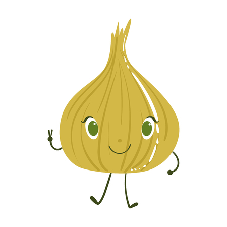 Onion Cute Anime Humanized Smiling Cartoon Vegetable Food Character Emoji Vector Illustrationのイラスト素材