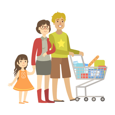 Parents And Little Daughter Shopping For Groceries In Supermarket, Illustration From Happy Loving Families Seriesのイラスト素材