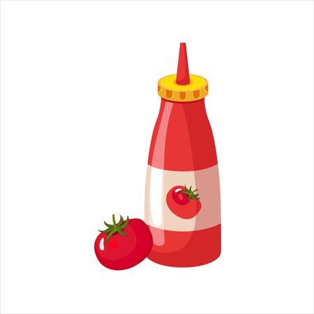 Bottle Of Ketchup And Fresh Tomato, Street Fast Food Cafe Menu Item Colorful Vector Iconのイラスト素材