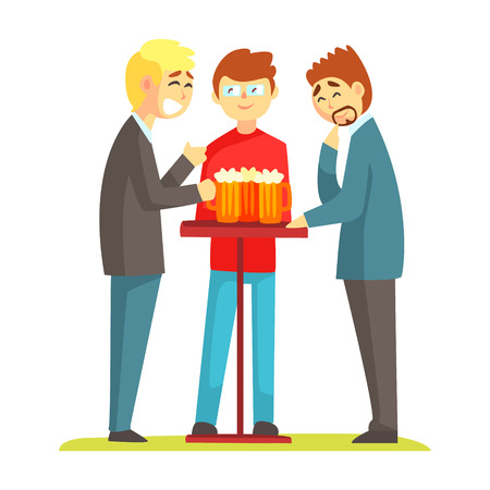 Three Friends Discussing Their Life Drinking Beer In The Bar, Part Of Male Friendship Series Of Illustrations.のイラスト素材