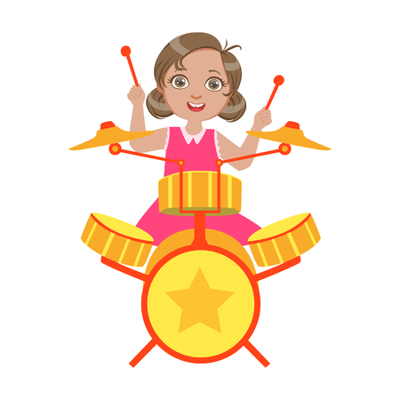 Girl Playing Drums, Kid Performing On Stage, School Showcase Participant With Musical Artistic Talentのイラスト素材