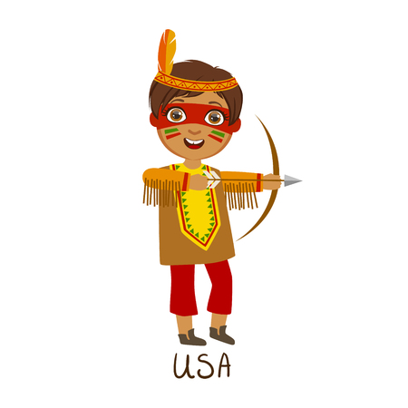 Boy In Native American Country National Clothes, Wearing Feather Headdress And A Bow Traditional For The Nationのイラスト素材
