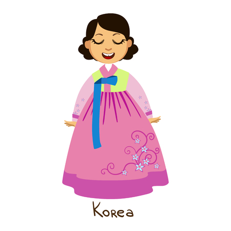 Girl In Korea Country National Clothes, Wearing Pink Dress With Floral Pattern Traditional For The Nationのイラスト素材
