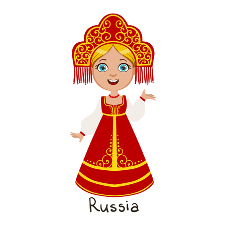 Girl In Russia Country National Clothes, Wearing Sarafan And Headdress Traditional For The Nationのイラスト素材