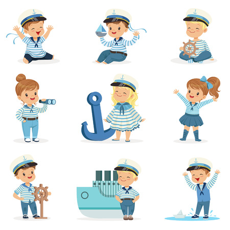 Small Children In Sailors Costumes Dreaming Of Sailing The Seas, Playing With Toys Adorable Cartoon Charactersのイラスト素材