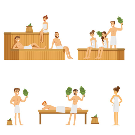 Sauna And Steam House Loving People Enjoying Hot Steam Procedures With Russian Birch Twigsのイラスト素材