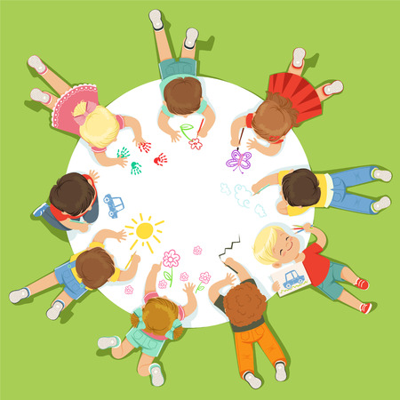 Lying little children painting on a big round paper. Cartoon detailed colorful Illustrationのイラスト素材
