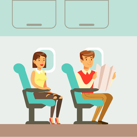 People Waiting For Departure In The Plane, Part Of People Taking Different Transport Types Series Of Cartoon Scenes With Happy Travelersのイラスト素材