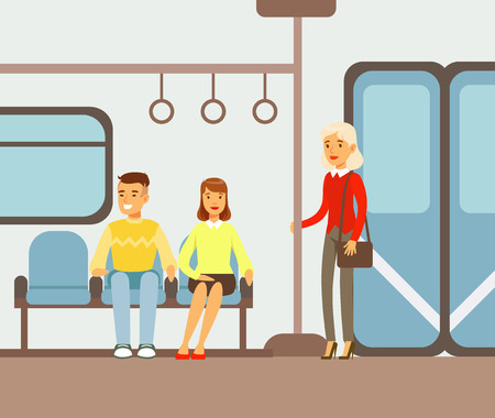 Passengers On Their Places In Metro Train Car, Part Of People Taking Different Transport Types Series Of Cartoon Scenes With Happy Travelersのイラスト素材