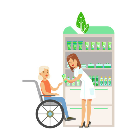 Woman In Wheelchair In Pharmacy Choosing And Buying Drugs And Cosmetics, Part Of Set Of Drugstore Scenes With Pharmacists And Clientsのイラスト素材