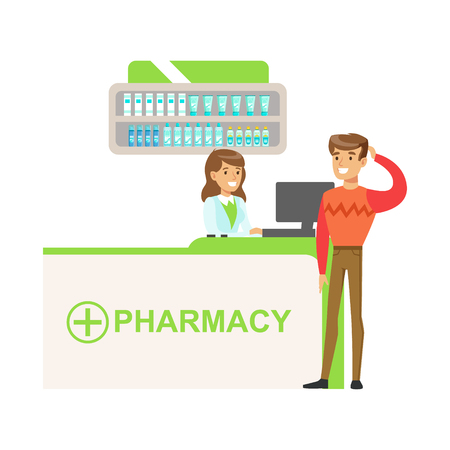 Man In Sweater In Pharmacy Choosing And Buying Drugs And Cosmetics, Part Of Set Of Drugstore Scenes With Pharmacists And Clientsのイラスト素材