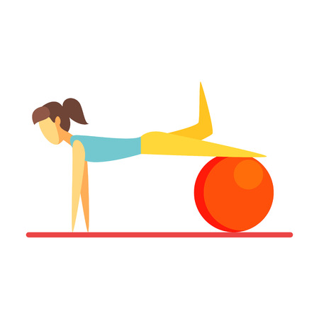Young slim brunette woman exercising with an orange fitball. Colorful cartoon characterのイラスト素材