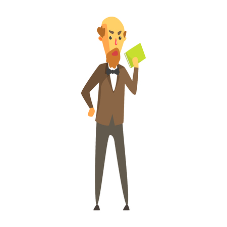 Bald bearded man in a jacket and bow tie standing with book in his hand. Colorful cartoon characterのイラスト素材