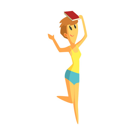 Cheerful girl in shorts jumping and holding a book on her hand. Colorful cartoon characterのイラスト素材