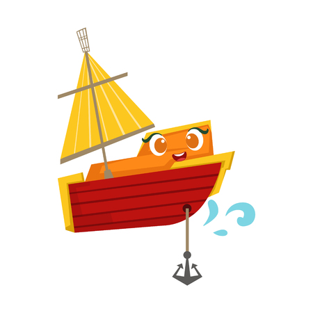 Orange And Red Sailing Boat With An Anchor, Cute Girly Toy Wooden Ship With Face Cartoon Illustrationのイラスト素材