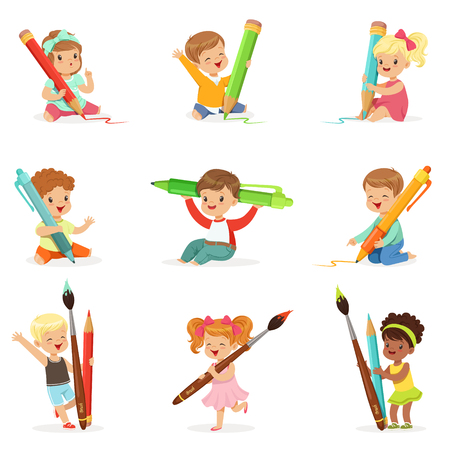 Cute young children holding big pencils, pens and paintbrushes, set for label design. Education and child development. Cartoon detailed colorful Illustrationsのイラスト素材