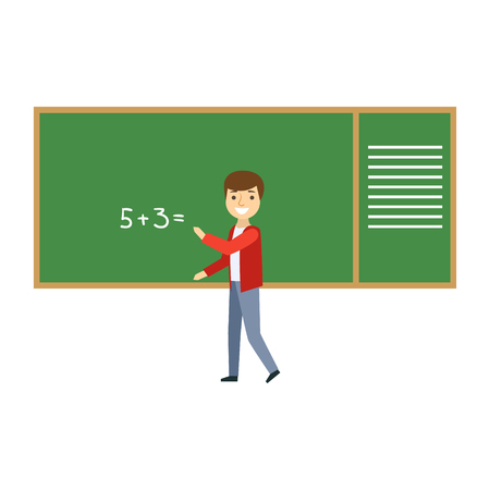 Boy Solving Math Problem On Blackboard In Classroom, Part Of School And Scholar Life Series Of Minimalistic Illustrationsのイラスト素材