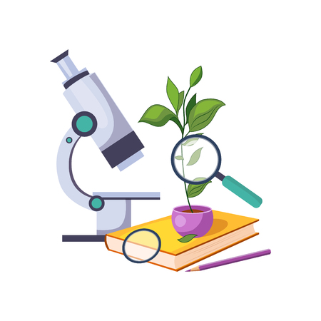 Botany Kit With Microscope And Plant In Pot, Set Of School And Education Related Objects In Colorful Cartoon Styleの写真素材