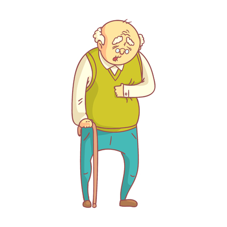 An elderly man with cane suffering from heart pain.のイラスト素材
