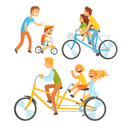 Father riding his children on a bicycle, set for label design.のイラスト素材