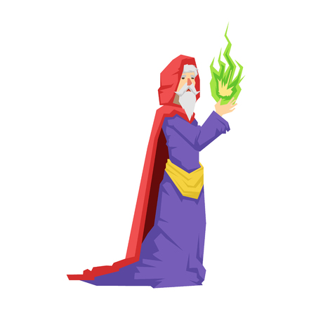 Old wizard in a red cape holding green magic ball. Colorful fairy tale character Illustrationのイラスト素材