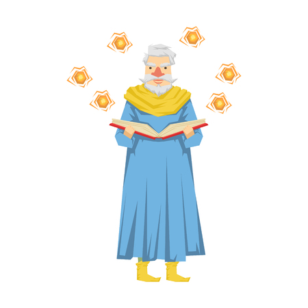 Wizard holding a magic book, magic balls flying around him. Colorful fairy tale character Illustrationのイラスト素材