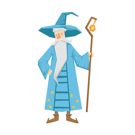 Magic old man with magic staff. Colorful fairy tale character Illustrationのイラスト素材
