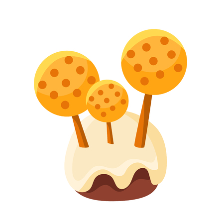 Chocolate glazed stump with mushrooms made of yellow sweets. Colorful cartoon vector Illustrationのイラスト素材