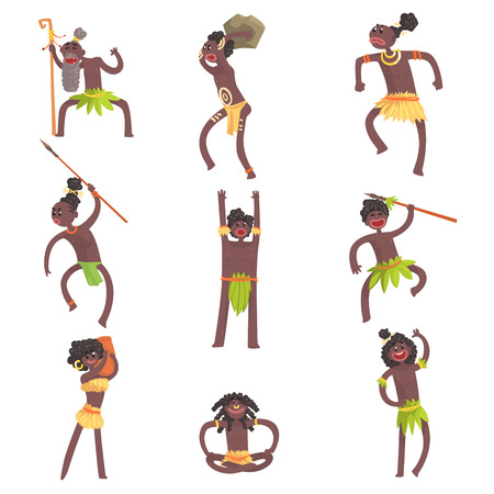 African Tribe Members, Warriors And Civilians In Leaf Loincloths Set Of Smiling Cartoon Charactersのイラスト素材