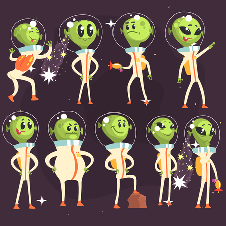 Cute Aliens In Space Suits, Spaceship Crew Of Little Green Men Funny Cartoon Characters In White Outfitのイラスト素材