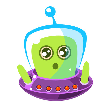Naive and surprised green alien in a flying saucer, cute cartoon monster. Colorful vector characterのイラスト素材