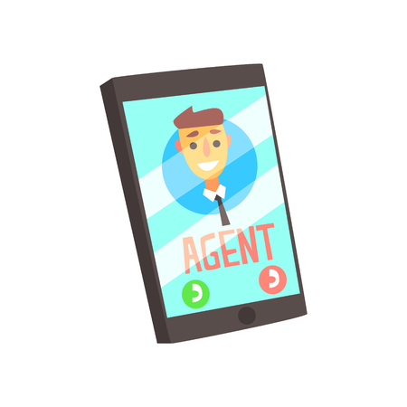 Smartphone With agent male avatar on the screen. Colorful cartoon vector Illustration isolated on a white backgroundのイラスト素材