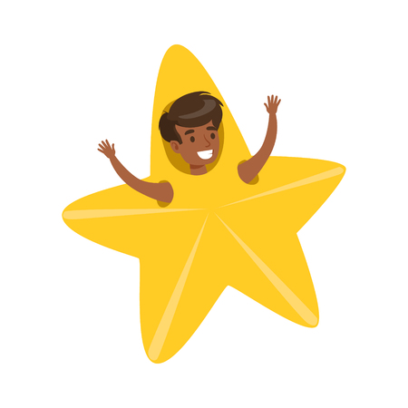 Smiling little boy dressed as an yellow star, performing in theatrical show. Happy kid showing his artistic talent in fairytale performance. Colorful cartoon character vector Illustration isolated on a white backgroundのイラスト素材