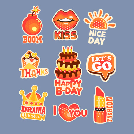 Cute cartoon set of stickers with short positive messages. Colorful cartoon detailed Illustrations for parties, celebration, notebooks, , wrapping, chats, cards, diaries.のイラスト素材