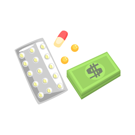 Pills, capsules of medicament and money. Colorful cartoon Illustrationのイラスト素材